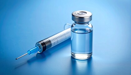A syringe and vial containing clear liquid sit on a blue surface.