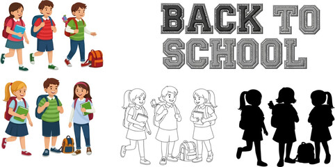 Cheerful cartoon students are going back to school with backpacks