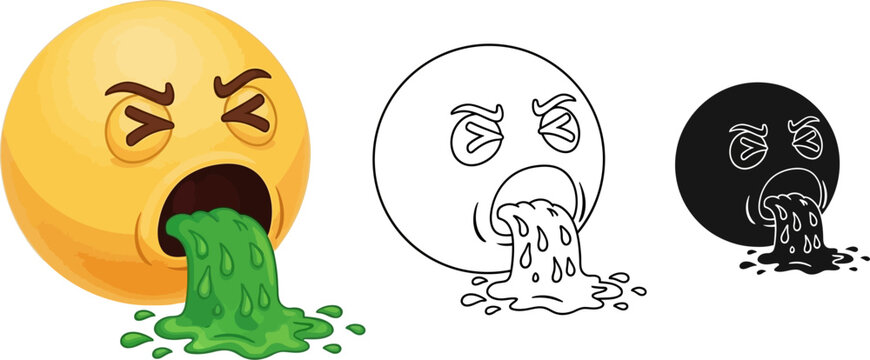 Vomiting face emoji shown in color, line art, and solid black variations