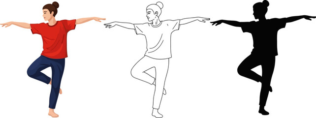 Woman balances in tree yoga pose, with color, line, and silhouette styles