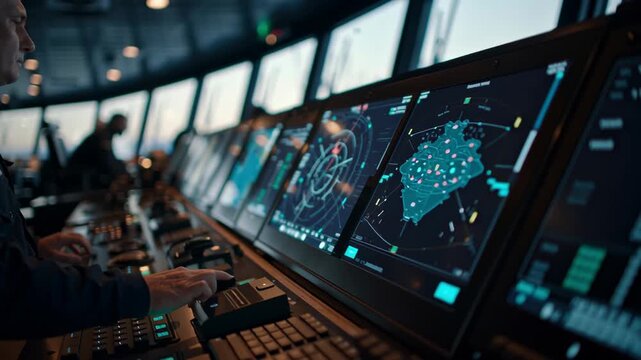 Ship captain operating a modern radar and gps navigation system inside control room bridge of a large vessel, ensuring safe passage and efficient maritime operations - Powered by Adobe
