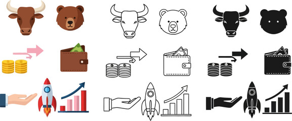 Bull and bear symbols represent financial markets with investment growth
