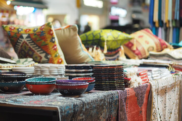 Colorful market display of handmade bowls and textiles