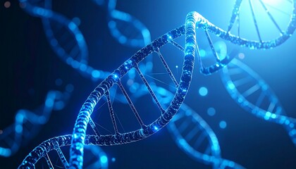 3D illustration of DNA strands, glowing blue, in a dark background.