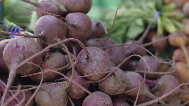 Freshly harvested beets are for sale at a farmers market in the Ferry Building, San Francisco, California, USA. The beets are $2 a bunch. The beets are stacked on top of each other.