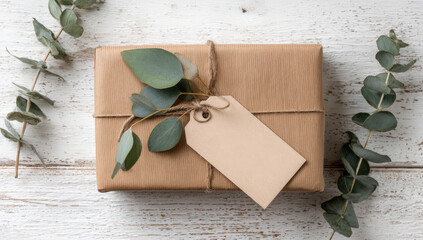 Wrapped gift with eucalyptus leaves and blank tag on wooden surface