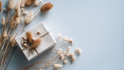 Beautifully wrapped gift box surrounded by dried flowers creates serene and elegant atmosphere