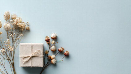 Beautifully wrapped gift box surrounded by dried flowers creates serene atmosphere