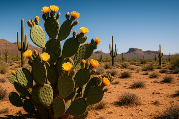 Desert Flora with Sunlit Cactus Flowers and Rocky Horizon