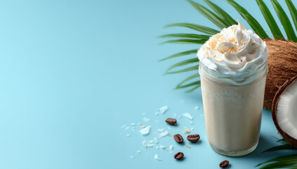 Creamy coconut beverage topped with whipped cream and coffee beans, set against blue background