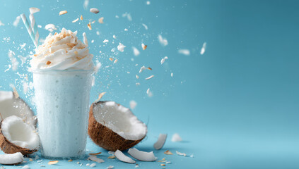 Creamy coconut milkshake topped with whipped cream and coconut flakes, bursting with flavor