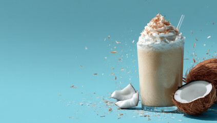 Creamy coconut beverage topped with whipped cream and coconut flakes, refreshing and delicious