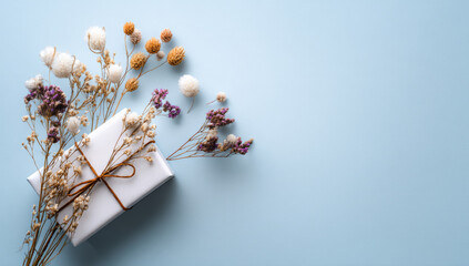 Beautifully wrapped gift with dried flowers light blue background evokes sense of celebration