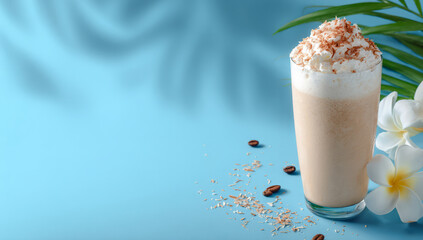 Creamy coconut coffee drink topped with whipped cream and coconut flakes, refreshing