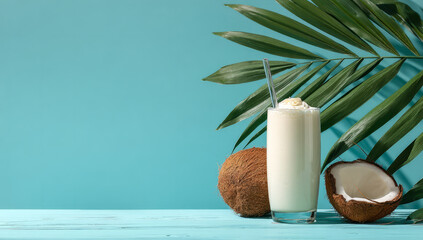 Creamy coconut smoothie in glass with straw, surrounded by fresh coconuts and palm leaves