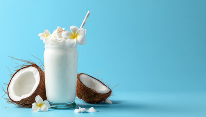 Creamy coconut smoothie topped with flowers and straw, set against blue background