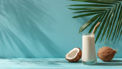 Creamy coconut milk in glass with fresh coconuts and palm leaves, evoking tropical vibe