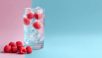 Refreshing drink with raspberries and ice cubes in glass