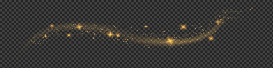 The dust sparks and golden stars shine with special light. Vector sparkles on a transparent background. Christmas light effect. Sparkling magical dust particles. © luda