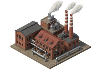 Isometric view of a vintage brick factory with smoking chimneys and pipes isolated on transparent background