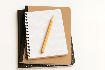 Back to school blank grid notebook pencil and two other supplies on white background perfect for educational, academic, stationary, note taking, and school themed creative projects..
