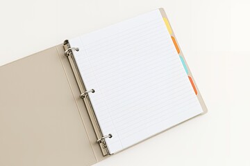 Back to school organize your studies with this beige threering binder and colorful tabs.