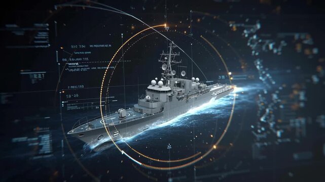 Futuristic naval warship navigates through digital waters, surrounded by holographic data displays and technological overlays, showcasing modern military advancements and maritime technology