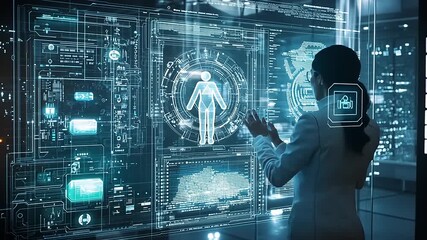 Futuristic scientist interacting with holographic technology in a high-tech lab, analyzing data - Powered by Adobe