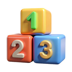 Preschool number 123 block 3d icon isolated on illustration png background of one two three education cube brick concept or school learn child play toy sign and kid math count box simple study symbol.