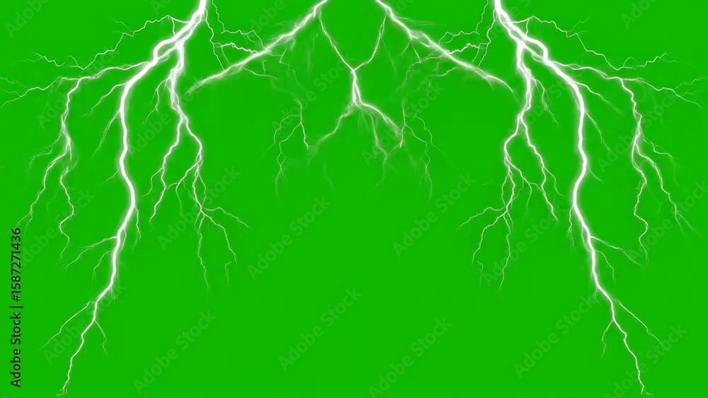 Poster animated lightning strikes on green screen background for visual effects compositing