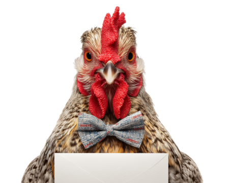 Chicken wearing bowtie holding envelope