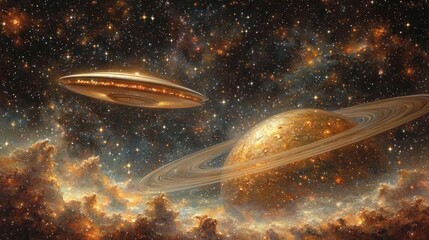 Obraz premium Cosmic spacecraft near ringed planet