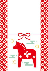 New Year's Cards-126　2026年、年賀状 午（うま・馬）の干支イラスト。 令和8年、年賀状テンプレート。和モダンなデザインの年賀状。