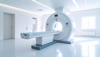 Modern medical imaging room featuring a large MRI scanner, clean and bright.