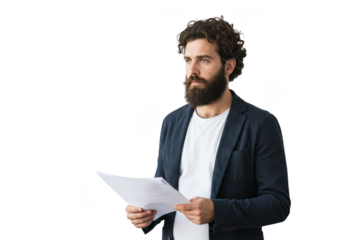 Man with beard wearing a suit jacket holding papers isolated on transparent background