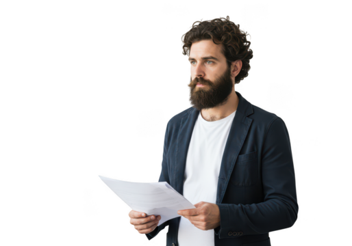 Man with beard wearing a suit jacket holding papers isolated on transparent background