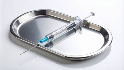 A sterile syringe rests on a gleaming stainless steel medical tray.