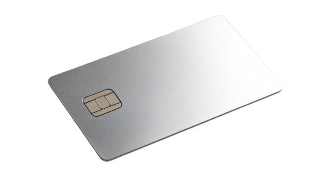 Silver credit card with chip isolated, transparent background