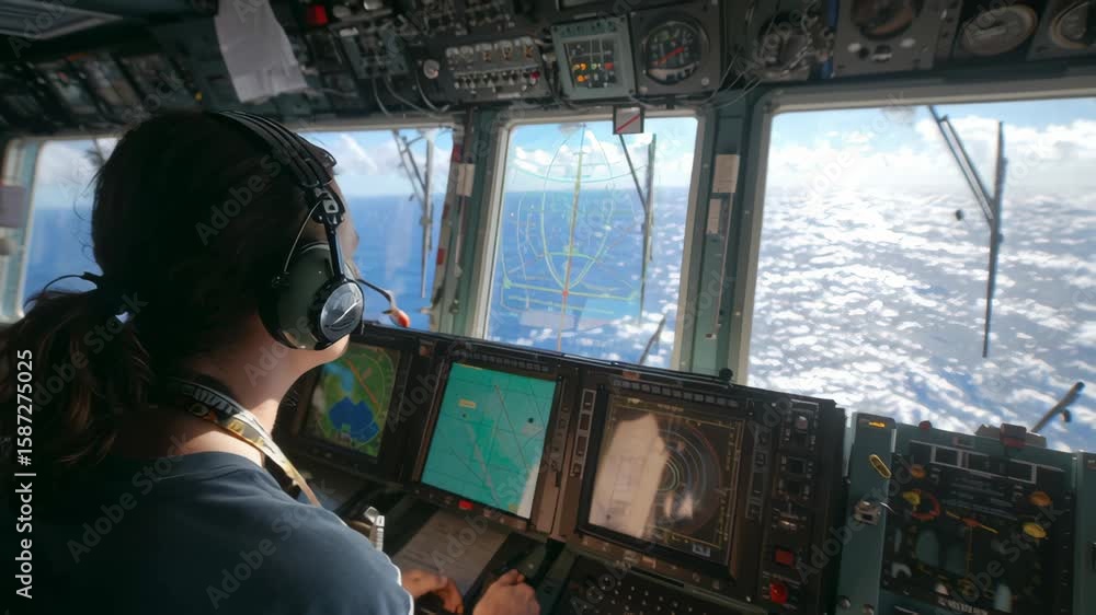 Poster maritime navigation officer wearing headphones and using electronic charts and radar systems to safe