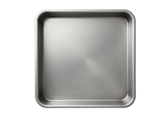 A clean brushed metal baking tray isolated on white background