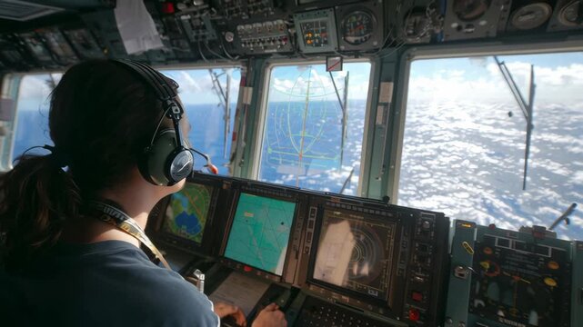 Maritime navigation officer wearing headphones and using electronic charts and radar systems to safely navigate a ship across the ocean, ensuring precise positioning and collision avoidance