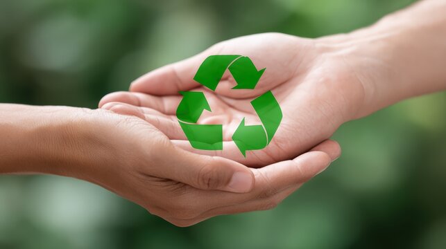 Two human hands gently holding a bright green recycle icon, symbolizing environmental protection in soft daylight, ideal for eco branding, product marketing, and sustainability messaging