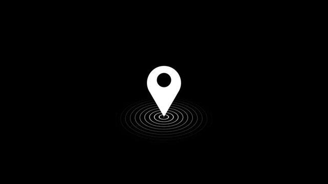Location indicator and location icon animation. GPS icon in white color on black screen background.