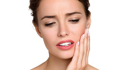 Close up of a young woman suffering from a strong toothache, touching her cheek with her hand, showing white teeth and experiencing dental pain, isolated on transparent background