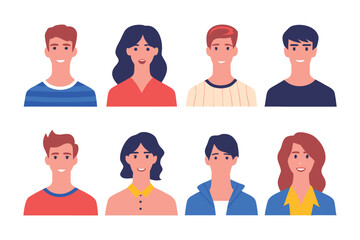 Character Portrait Collection: A collection of eight diverse characters, each with a unique hairstyle and facial features, showcasing a range of expressions in a flat, illustrative style.