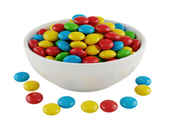 Colorful candy coated chocolates spilling from a white bowl isolated on transparent background