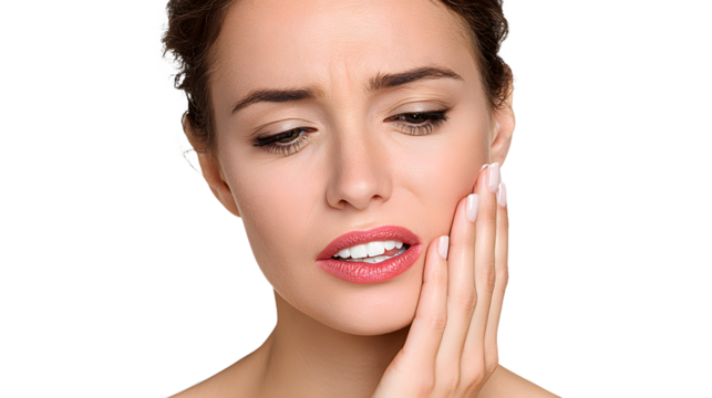 Close up of a young woman suffering from a strong toothache, touching her cheek with her hand, showing white teeth and experiencing dental pain, isolated on transparent background