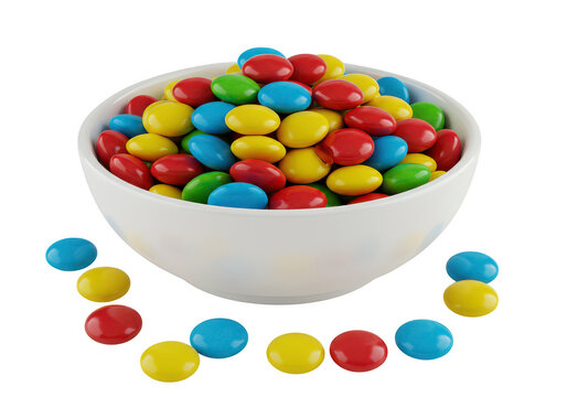 Colorful candy coated chocolates spilling from a white bowl isolated on transparent background