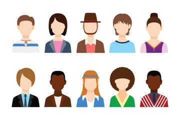 Diverse Group of Avatar Icons: A collection of ten diverse avatar icons representing a spectrum of individuals from various backgrounds, genders, and styles.