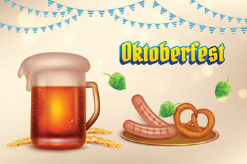 Vector Illustration of Beer Mug with Bretzel, Sausage and Hops on Podium. Oktoberfest Beer Festival Vector Illustration Beige Color Background.